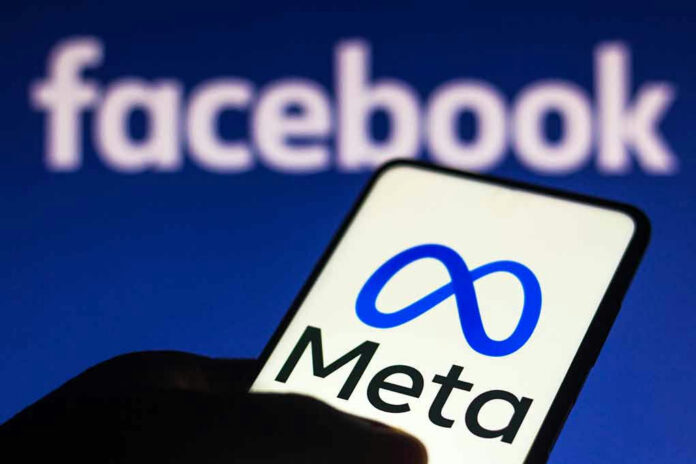 2065679765 Smartphone displaying Meta logo with Facebook in background.