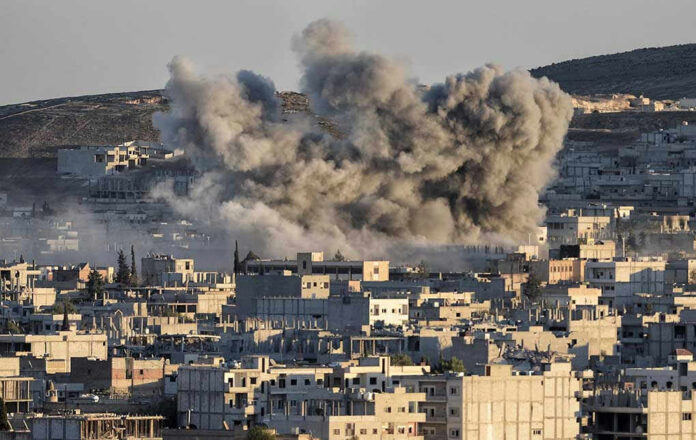357175997 Smoke rising from buildings in a city.