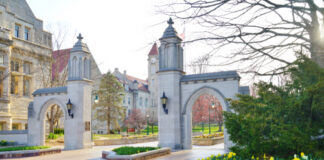 Stone archway entrance on a university campus with blooming yellow flowers