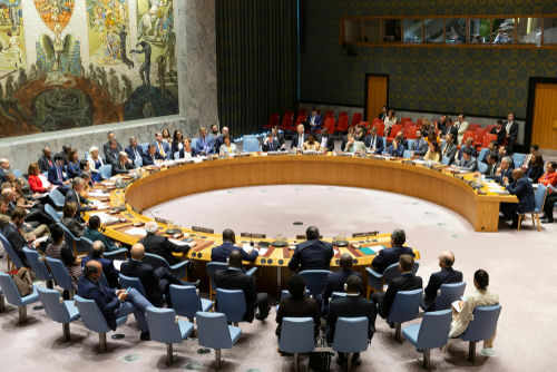 shutterstock_1455825092 UN Security Council meeting in session, multiple representatives attending.