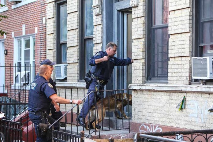 Police officers with a K-9 approach an apartment doorway