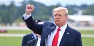 A political figure raising a fist in a gesture of confidence during an outdoor event