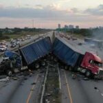 Two overturned trucks blocking a highway with emergency responders at the scene