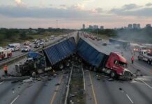 Undocumented Trucker, Three Dead—Light Sentence? Two overturned trucks blocking a highway with emergency responders at the scene