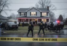 FBI agents at a crime scene outside a house with police vehicles and caution tape