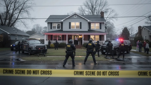 Fbi,Swarming,A,Home FBI agents at a crime scene outside a house with police vehicles and caution tape