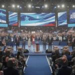 A political convention with speakers on stage and a cheering crowd holding signs and flags