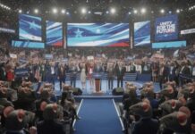 A political convention with speakers on stage and a cheering crowd holding signs and flags