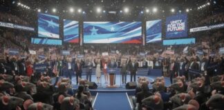 A political convention with speakers on stage and a cheering crowd holding signs and flags