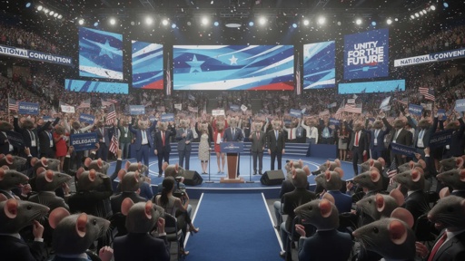 A political convention with speakers on stage and a cheering crowd holding signs and flags