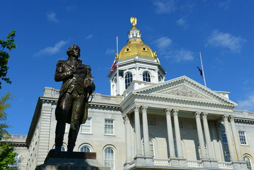 New Hampshire State House with statue in foreground.