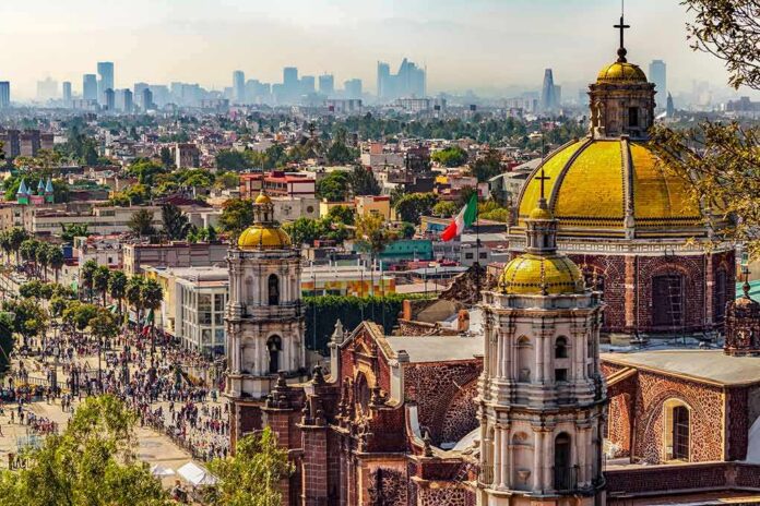 Basilica domes overlooking a sprawling cityscape with distant skyscrapers
