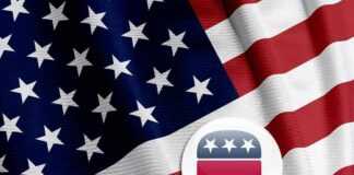 American flag with Republican elephant emblem