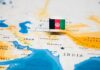 Afghanistan flag pin on a map of South Asia