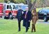 three people walking on grass near fire truck and SUV