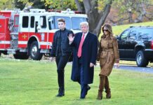 three people walking on grass near fire truck and SUV