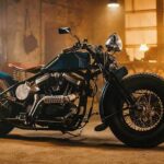 Custom vintage motorcycle in a dim workshop