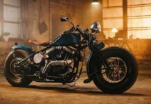 Custom vintage motorcycle in a dim workshop