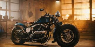 Custom vintage motorcycle in a dim workshop