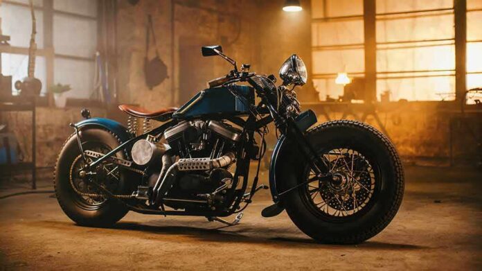 Custom vintage motorcycle in a dim workshop