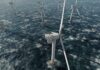 Offshore wind turbines in rough sea from aerial view