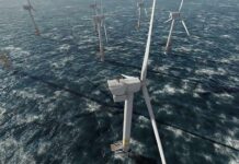 Offshore wind turbines in rough sea from aerial view