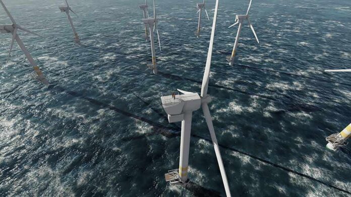 Offshore wind turbines in rough sea from aerial view