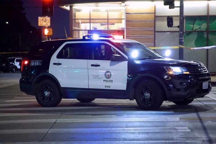 Police SUV blocks an intersection at night with lights flashing