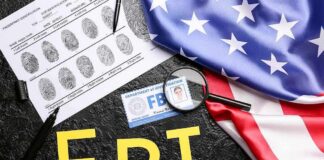FBI letters with fingerprint sheet, badge, magnifying glass, and US flag