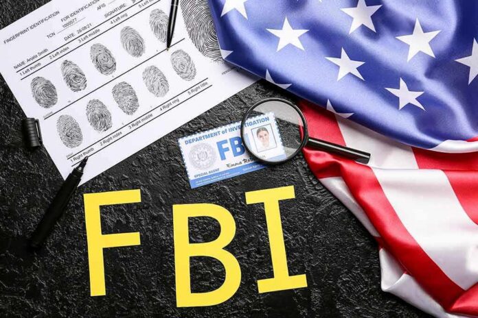 FBI letters with fingerprint sheet, badge, magnifying glass, and US flag