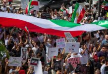 Self-Defense Claim, Death Sentence Anyway Crowd of protesters holding signs and a large tricolor flag