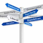 Directional signpost with multiple political party arrows