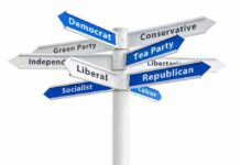Directional signpost with multiple political party arrows