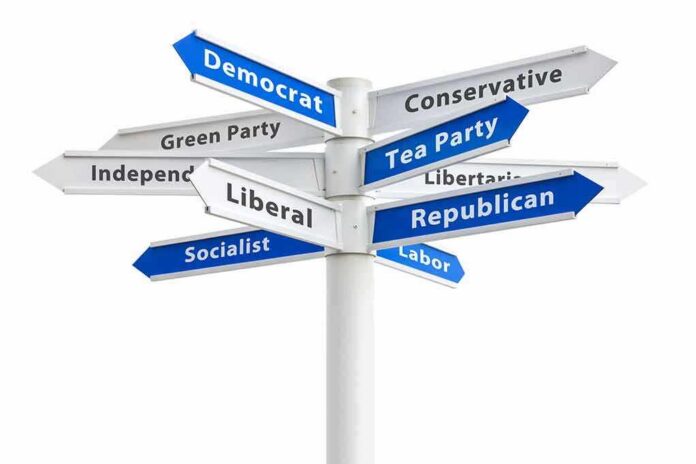 Directional signpost with multiple political party arrows