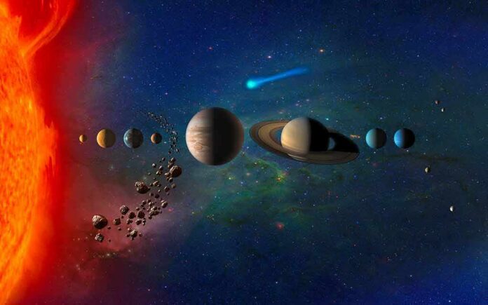 Solar system illustration with planets and asteroid belt