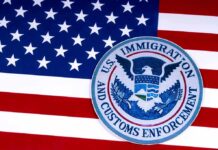 U.S. immigration and customs enforcement seal on American flag