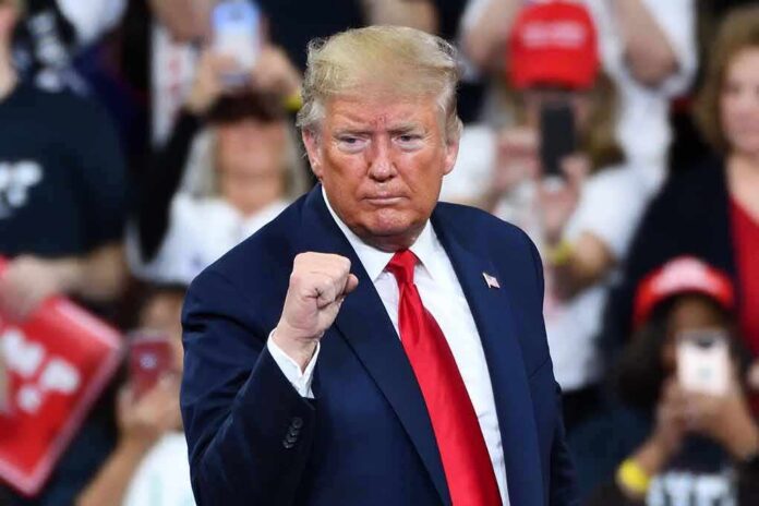 man in suit raising a clenched fist at a rally
