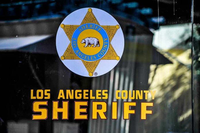 Los Angeles County Sheriff emblem on a glass door
