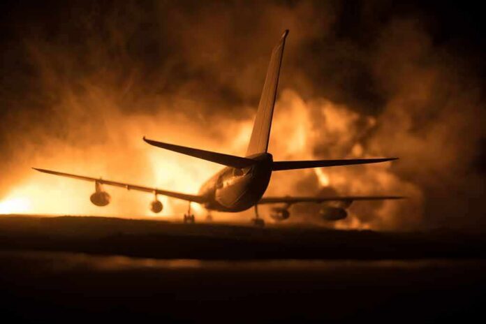 Airplane on runway with large fire and smoke at night