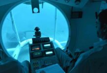 submarine interior with pilot viewing seafloor through large window