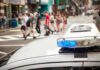 Paris Clashes Ignite Macron Showdown police car roof light bar with blue lights near a busy crosswalk