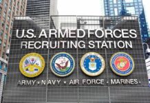 U.S. Armed Forces recruiting station facade with service emblems