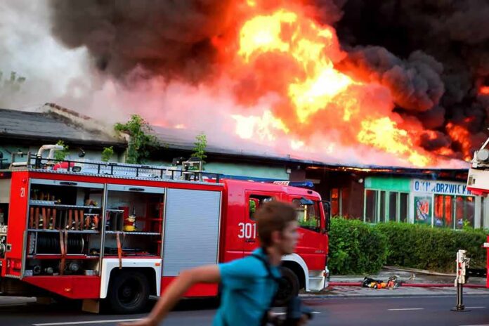Firetruck at a building engulfed in flames