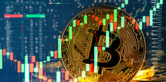 Bitcoin symbol overlaid with stock market graphs.