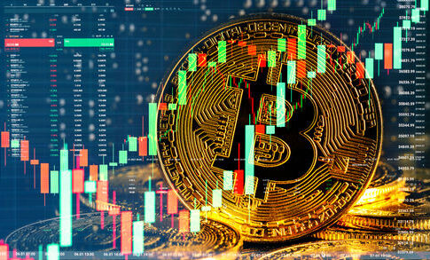 Bitcoin symbol overlaid with stock market graphs.