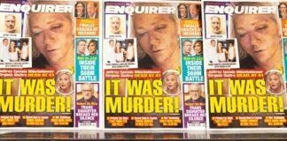 Multiple copies of a tabloid magazine featuring sensational headlines
