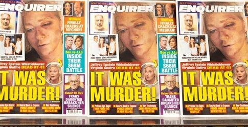 Multiple copies of a tabloid magazine featuring sensational headlines