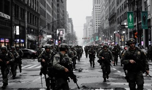 A large group of armed soldiers running through a city street