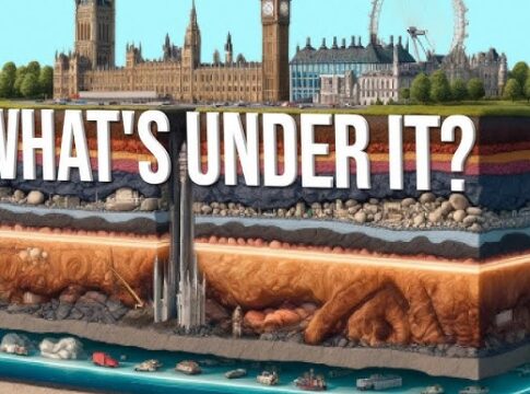 Illustration of London's skyline with geological layers beneath, showcasing historical and modern structures