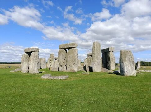 View of Stonehenge, a prehistoric monument consisting of large standing stones arranged in a circular formation